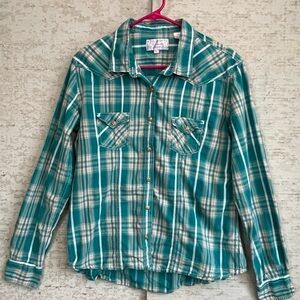 Panhandle Legends of Rodeo Torquoise Plaid Flannel Shirt Sz Large Wood Snaps